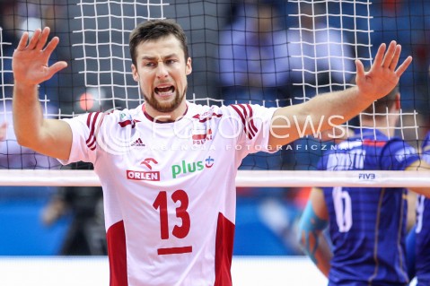  13.07.2016 KRAKOW <br />SIATKOWKA MEZCZYZN LIGA SWIATOWA 2016 TURNIEJ FINALOWY <br />FIVB VOLLEYBALL WORLD LEAGUE FINAL SIX 2016 <br />MECZ POLSKA - FRANCJA ( Poland - France ) <br />N/Z MICHAL KUBIAK SYLWETKA RADOSC EMOCJE <br /> 