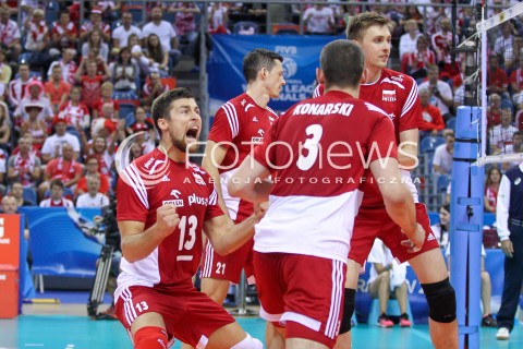  14.07.2016 KRAKOW <br />SIATKOWKA MEZCZYZN LIGA SWIATOWA 2016 TURNIEJ FINALOWY <br />FIVB VOLLEYBALL WORLD LEAGUE FINAL SIX 2016 <br />MECZ POLSKA - SERBIA ( Poland - Serbia ) <br />N/Z MICHAL KUBIAK RADOSC EMOCJE <br /> 