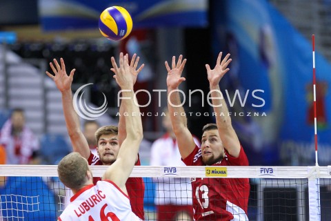  14.07.2016 KRAKOW <br />SIATKOWKA MEZCZYZN LIGA SWIATOWA 2016 TURNIEJ FINALOWY <br />FIVB VOLLEYBALL WORLD LEAGUE FINAL SIX 2016 <br />MECZ POLSKA - SERBIA ( Poland - Serbia ) <br />N/Z KAROL KLOS MICHAL KUBIAK BLOK<br /> 