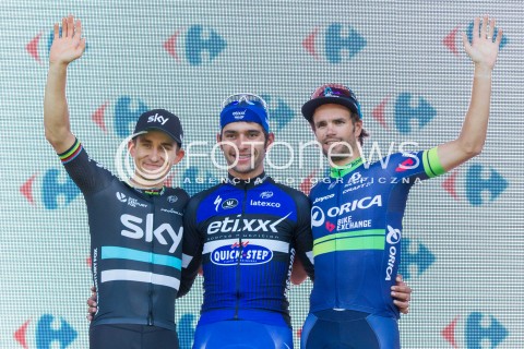  15.07.2016 RZESZOW <br />71. TOUR DE POLOGNE - ETAP IV <br />META W RZESZOWIE <br />N/Z FERNANDO GAVIRIA ( I MIEJSCE ) LUKA MEZGEC ( II MIEJSCE ) MICHAL KWIATKOWSKI ( III MIEJSCE ) PODIUM RADOSC<br /> 