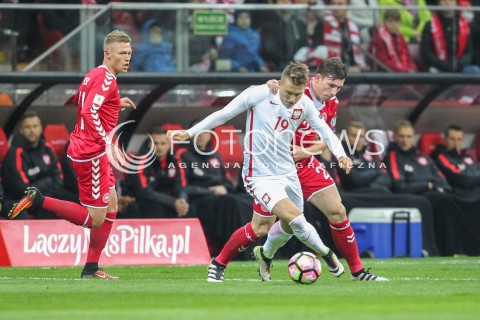  08.10.2016 WARSZAWA PILKA NOZNA <br />FOOTBALL POLISH ELIMINACJE MS 2018<br />MECZ POLSKA - DANIA NA STADIONIE NARODOWYM<br />N/Z PIOTR ZIELINSKI PIERRE EMILE HOJBJERG <br /> 