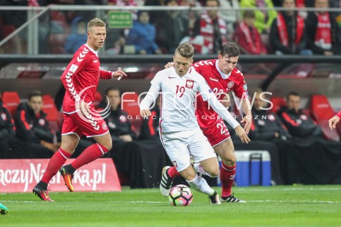  08.10.2016 WARSZAWA PILKA NOZNA <br />FOOTBALL POLISH ELIMINACJE MS 2018<br />MECZ POLSKA - DANIA NA STADIONIE NARODOWYM<br />N/Z PIOTR ZIELINSKI PIERRE EMILE HOJBJERG <br /> 