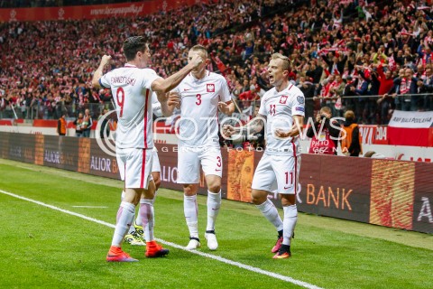  08.10.2016 WARSZAWA PILKA NOZNA <br />FOOTBALL POLISH ELIMINACJE MS 2018<br />MECZ POLSKA - DANIA NA STADIONIE NARODOWYM<br />N/Z RADOSC BRAMKA GOL ROBERT LEWANDOWSKI  KAMIL GROSICKI ARTUR JEDRZEJCZYK <br /> 