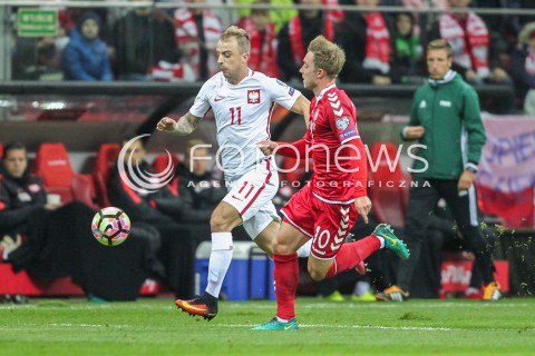  08.10.2016 WARSZAWA PILKA NOZNA <br />FOOTBALL POLISH ELIMINACJE MS 2018<br />MECZ POLSKA - DANIA NA STADIONIE NARODOWYM<br />N/Z KAMIL GROSICKI CHRISTIAN ERIKSEN <br /> 