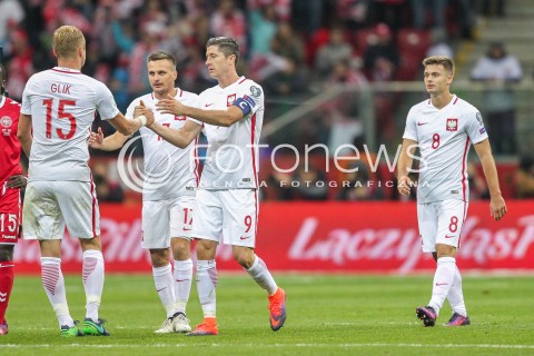  08.10.2016 WARSZAWA PILKA NOZNA <br />FOOTBALL POLISH ELIMINACJE MS 2018<br />MECZ POLSKA - DANIA NA STADIONIE NARODOWYM<br />N/Z ROBERT LEWANDOWSKI  KAMIL GLIK SLAWOMIR PESZKO KAROL LINETTY<br /> 
