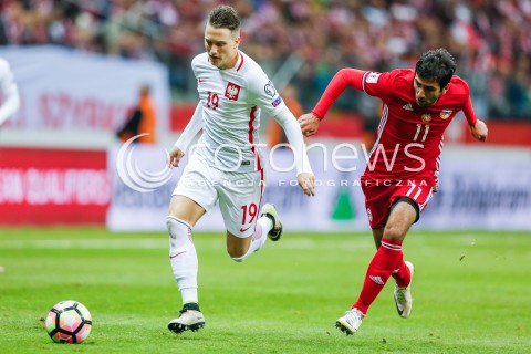  11.10.2016 WARSZAWA PILKA NOZNA <br />FOOTBALL POLISH ELIMINACJE MS 2018<br />MECZ POLSKA - ARMENIA NA STADIONIE NARODOWYM<br />N/Z PIOTR ZIELINSKI ARTAK GRIGORJAN <br /> 