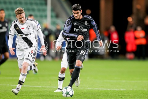  02.11.2016 WARSZAWA PILKA NOZNA STADION LEGII<br />FOOTBALL RUNDA ELIMINACJI UEFA CHAMPIONS LEAGUE<br />MECZ LEGIA WARSZAWA - REAL MADRYT<br />N/Z ALVARO MORATA MICHAL KOPCZYNSKI <br /> 