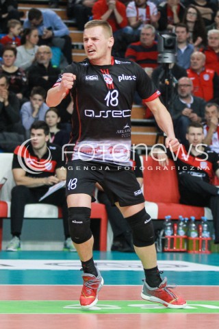  05.02.2017 RZESZOW<br />SIATKOWKA PLUSLIGA 2016/2017 MEN VOLLEYBALL POLAND POLISH PLUS LIGA LEAGUE SEASON 2016/2017<br />MECZ ASSECO RESOVIA RZESZOW - CUPRUM LUBIN <br />N/Z DAMIAN WOJTASZEK SYLWETKA RADOSC EMOCJE <br /> 