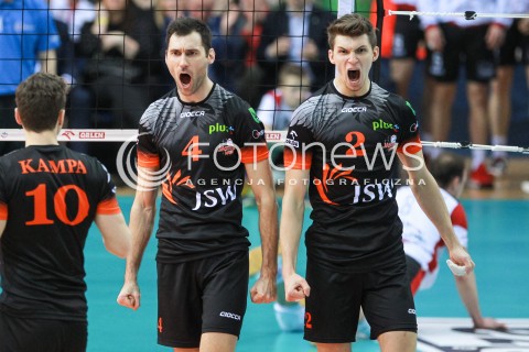  18.02.2017 RZESZOW<br />SIATKOWKA PLUSLIGA 2016/2017 MEN VOLLEYBALL POLAND POLISH PLUS LIGA LEAGUE SEASON 2016/2017<br />MECZ ASSECO RESOVIA RZESZOW - JASTRZEBSKI WEGIEL <br />N/Z MACIEJ MUZAJ GRZEGORZ KOSOK RADOSC EMOCJE <br /> 