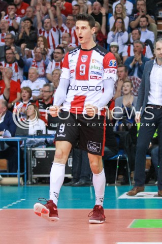 12.04.2017 RZESZOW<br />SIATKOWKA PLUSLIGA 2016/2017 MEN VOLLEYBALL POLAND POLISH PLUS LIGA LEAGUE SEASON 2016/2017<br />POLFINAL - SEMIFINAL - 2. MECZ<br />MECZ ASSECO RESOVIA RZESZOW - PGE SKRA BELCHATOW<br />N/Z THIBAULT ROSSARD RADOSC EMOCJE SYLWETKA <br /> 