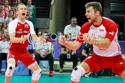  15.06.2017 KATOWICE <br />SIATKOWKA MEZCZYZN <br />LIGA SWIATOWA 2017 <br />FIVB VOLLEYBALL WORLD LEAGUE 2017 <br />MECZ POLSKA - ROSJA ( Poland - Russia ) <br />N/Z PAWEL ZATORSKI MICHAL KUBIAK RADOSC EMOCJE <br /> 
