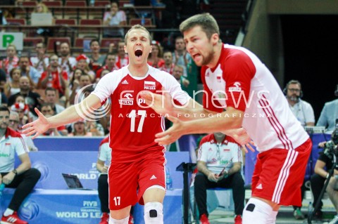  15.06.2017 KATOWICE <br />SIATKOWKA MEZCZYZN <br />LIGA SWIATOWA 2017 <br />FIVB VOLLEYBALL WORLD LEAGUE 2017 <br />MECZ POLSKA - ROSJA ( Poland - Russia ) <br />N/Z PAWEL ZATORSKI MICHAL KUBIAK RADOSC EMOCJE <br /> 