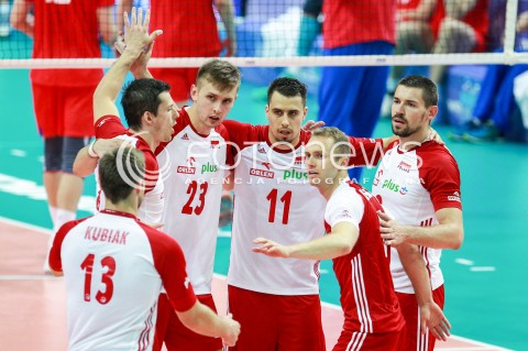  15.06.2017 KATOWICE <br />SIATKOWKA MEZCZYZN <br />LIGA SWIATOWA 2017 <br />FIVB VOLLEYBALL WORLD LEAGUE 2017 <br />MECZ POLSKA - ROSJA ( Poland - Russia ) <br />N/Z MATEUSZ BIENIEK FABIAN DRZYZGA PAWEL ZATORSKI DAWID KONARSKI RADOSC EMOCJE <br /> 