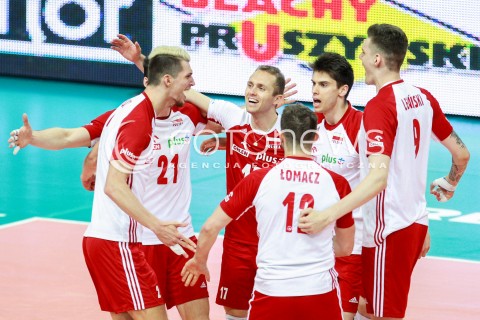  15.06.2017 KATOWICE <br />SIATKOWKA MEZCZYZN <br />LIGA SWIATOWA 2017 <br />FIVB VOLLEYBALL WORLD LEAGUE 2017 <br />MECZ POLSKA - ROSJA ( Poland - Russia ) <br />N/Z MACIEJ MUZAJ PAWEL ZATORSKI ALEKSANDER SLIWKA BARTLOMIEJ LEMANSKI RADOSC EMOCJE <br /> 