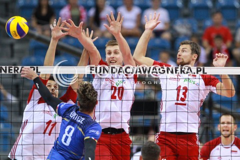  11.08.2017 KRAKOW (TAURON ARENA) <br />XV MEMORIAL HUBERTA JERZEGO WAGNERA <br />MECZ POLSKA - FRANCJA ( MATCH POLAND - FRANCE ) <br />N/Z FABIAN DRZYZGA MATEUSZ BIENIEK MICHAL KUBIAK BLOK<br /> 