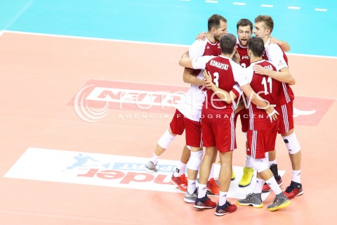  12.08.2017 KRAKOW (TAURON ARENA) <br />XV MEMORIAL HUBERTA JERZEGO WAGNERA <br />MECZ POLSKA - KANADA ( MATCH POLAND - CANADA ) <br />N/Z MATEUSZ BIENIEK MICHAL KUBIAK BARTOSZ KUREK RADOSC EMOCJE <br /> 