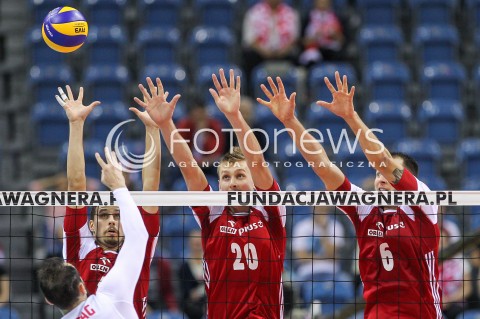  12.08.2017 KRAKOW (TAURON ARENA) <br />XV MEMORIAL HUBERTA JERZEGO WAGNERA <br />MECZ POLSKA - KANADA ( MATCH POLAND - CANADA ) <br />N/Z FABIAN DRZYZGA MATEUSZ BIENIEK BARTOSZ KUREK BLOK<br /> 
