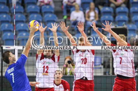  13.08.2017 KRAKOW (TAURON ARENA) <br />XV MEMORIAL HUBERTA JERZEGO WAGNERA <br />MECZ POLSKA - ROSJA ( MATCH POLAND - RUSSIA ) <br />N/Z GRZEGORZ LOMACZ MATEUSZ BIENIEK ARTUR SZALPUK BLOK<br /> 