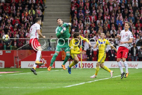  04.09.2017 WARSZAWA STADION NARODOWY <br />PILKA NOZNA REPREZENTACJA KWALIFIKACJE DO MISTRZOSTW SWIATA ROSJA 2018<br />Football European Qualifiers Fifa World Cup Russia 2018<br />MECZ POLSKA - KAZACHSTAN ( Poland - Kazakhstan )<br />N/Z DAVID LORIA ROBERT LEWANDOWSKI YURIY LOGVINENKO ARKADIUSZ MILIK <br /> 