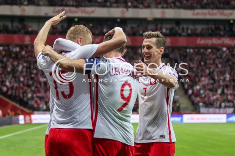  04.09.2017 WARSZAWA STADION NARODOWY <br />PILKA NOZNA REPREZENTACJA KWALIFIKACJE DO MISTRZOSTW SWIATA ROSJA 2018<br />Football European Qualifiers Fifa World Cup Russia 2018<br />MECZ POLSKA - KAZACHSTAN ( Poland - Kazakhstan )<br />N/Z ARKADIUSZ MILIK ROBERT LEWANDOWSKI KAMIL GLIK RADOSC BRAMKA GOL NA 2:0<br /> 