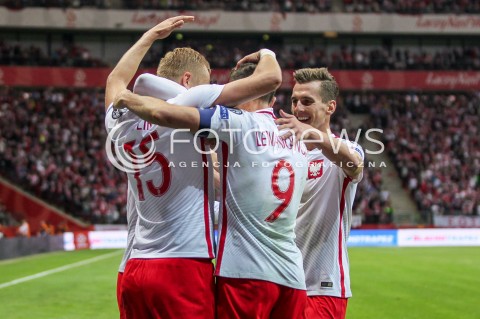  04.09.2017 WARSZAWA STADION NARODOWY <br />PILKA NOZNA REPREZENTACJA KWALIFIKACJE DO MISTRZOSTW SWIATA ROSJA 2018<br />Football European Qualifiers Fifa World Cup Russia 2018<br />MECZ POLSKA - KAZACHSTAN ( Poland - Kazakhstan )<br />N/Z ARKADIUSZ MILIK ROBERT LEWANDOWSKI KAMIL GLIK RADOSC BRAMKA GOL NA 2:0<br /> 