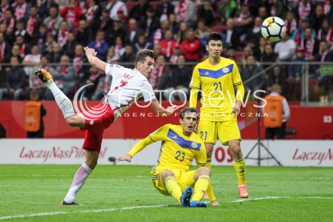  04.09.2017 WARSZAWA STADION NARODOWY <br />PILKA NOZNA REPREZENTACJA KWALIFIKACJE DO MISTRZOSTW SWIATA ROSJA 2018<br />Football European Qualifiers Fifa World Cup Russia 2018<br />MECZ POLSKA - KAZACHSTAN ( Poland - Kazakhstan )<br />N/Z ARKADIUSZ MILIK YURIY LOGVINENKO ABZAL BEYSEBEKOV <br /> 