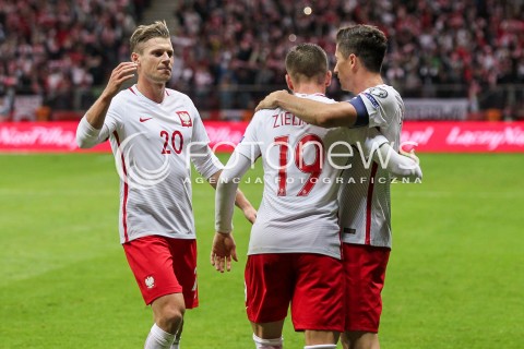  04.09.2017 WARSZAWA STADION NARODOWY <br />PILKA NOZNA REPREZENTACJA KWALIFIKACJE DO MISTRZOSTW SWIATA ROSJA 2018<br />Football European Qualifiers Fifa World Cup Russia 2018<br />MECZ POLSKA - KAZACHSTAN ( Poland - Kazakhstan )<br />N/Z ROBERT LEWANDOWSKI LUKASZ PISZCZEK PIOTR ZIELINSKI RADOSC BRAMKA GOL NA 3:0<br /> 