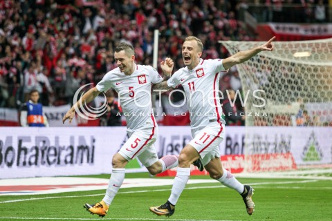  08.10.2017 WARSZAWA STADION NARODOWY <br />PILKA NOZNA REPREZENTACJA KWALIFIKACJE DO MISTRZOSTW SWIATA ROSJA 2018<br />Football European Qualifiers Fifa World Cup Russia 2018<br />MECZ POLSKA - CZARNOGORA ( Poland - Montenegro )<br />N/Z KRZYSZTOF MACZYNSKI KAMIL GROSICKI RADOSC BRAMKA GOL NA 1:0 EMOCJE <br /> 