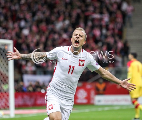  08.10.2017 WARSZAWA STADION NARODOWY <br />PILKA NOZNA REPREZENTACJA KWALIFIKACJE DO MISTRZOSTW SWIATA ROSJA 2018<br />Football European Qualifiers Fifa World Cup Russia 2018<br />MECZ POLSKA - CZARNOGORA ( Poland - Montenegro )<br />N/Z KAMIL GROSICKI RADOSC EMOCJE BRAMKA GOL NA 2:0 SYLWETKA <br /> 