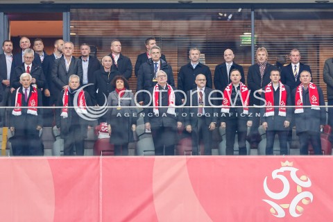  08.10.2017 WARSZAWA STADION NARODOWY <br />PILKA NOZNA REPREZENTACJA KWALIFIKACJE DO MISTRZOSTW SWIATA ROSJA 2018<br />Football European Qualifiers Fifa World Cup Russia 2018<br />MECZ POLSKA - CZARNOGORA ( Poland - Montenegro )<br />N/Z PREZYDENT ANDRZEJ DUDA JERZY BUZEK ALEKSANDER KWASNIEWSKI WITOLD BANKA WITOLD WASZCZYKOWSKI TRYBUNA VIP ZBIGNIEW BONIEK<br /> 