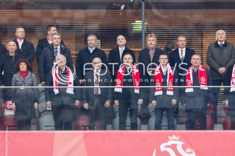  08.10.2017 WARSZAWA STADION NARODOWY <br />PILKA NOZNA REPREZENTACJA KWALIFIKACJE DO MISTRZOSTW SWIATA ROSJA 2018<br />Football European Qualifiers Fifa World Cup Russia 2018<br />MECZ POLSKA - CZARNOGORA ( Poland - Montenegro )<br />N/Z PREZYDENT RP ANDRZEJ DUDA WITOLD WASZCZYKOWSKI ZBIGNIEW BONIEK WITOLD BANKA TRYBUNA VIP<br /> 