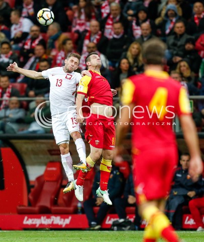  08.10.2017 WARSZAWA STADION NARODOWY <br />PILKA NOZNA REPREZENTACJA KWALIFIKACJE DO MISTRZOSTW SWIATA ROSJA 2018<br />Football European Qualifiers Fifa World Cup Russia 2018<br />MECZ POLSKA - CZARNOGORA ( Poland - Montenegro )<br />N/Z MACIEJ RYBUS FATOS BECIRAJ <br /> 