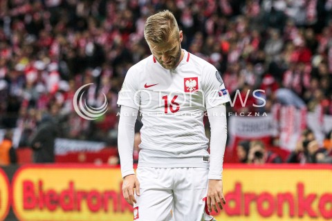  08.10.2017 WARSZAWA STADION NARODOWY <br />PILKA NOZNA REPREZENTACJA KWALIFIKACJE DO MISTRZOSTW SWIATA ROSJA 2018<br />Football European Qualifiers Fifa World Cup Russia 2018<br />MECZ POLSKA - CZARNOGORA ( Poland - Montenegro )<br />N/Z JAKUB BLASZCZYKOWSKI SMUTEK PORAZKA PRZEGRANA EMOCJE ZLOSC <br /> 