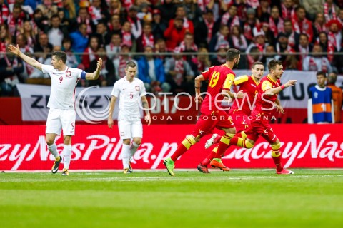  08.10.2017 WARSZAWA STADION NARODOWY <br />
PILKA NOZNA REPREZENTACJA KWALIFIKACJE DO MISTRZOSTW SWIATA ROSJA 2018<br />
Football European Qualifiers Fifa World Cup Russia 2018<br />
MECZ POLSKA - CZARNOGORA ( Poland - Montenegro )<br />
N/Z STEFAN MUGOSA RADOSC BRAMKA GOL NA 2:1 ROBERT LEWANDOWSKI ZLOSC EMOCJE<br />
 