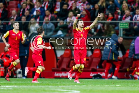  08.10.2017 WARSZAWA STADION NARODOWY <br />
PILKA NOZNA REPREZENTACJA KWALIFIKACJE DO MISTRZOSTW SWIATA ROSJA 2018<br />
Football European Qualifiers Fifa World Cup Russia 2018<br />
MECZ POLSKA - CZARNOGORA ( Poland - Montenegro )<br />
N/Z STEFAN MUGOSA RADOSC BRAMKA GOL NA 2:1<br />
 
