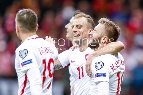  08.10.2017 WARSZAWA STADION NARODOWY <br />
PILKA NOZNA REPREZENTACJA KWALIFIKACJE DO MISTRZOSTW SWIATA ROSJA 2018<br />
Football European Qualifiers Fifa World Cup Russia 2018<br />
MECZ POLSKA - CZARNOGORA ( Poland - Montenegro )<br />
N/Z RADOSC BRAMKA GOL NA 3:2 KAMIL GROSICKI JAKUB BLASZCZYKOWSKI <br />
 
