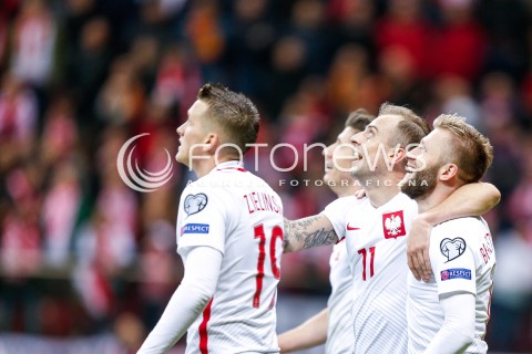  08.10.2017 WARSZAWA STADION NARODOWY <br />
PILKA NOZNA REPREZENTACJA KWALIFIKACJE DO MISTRZOSTW SWIATA ROSJA 2018<br />
Football European Qualifiers Fifa World Cup Russia 2018<br />
MECZ POLSKA - CZARNOGORA ( Poland - Montenegro )<br />
N/Z RADOSC BRAMKA GOL NA 3:2 KAMIL GROSICKI ROBERT LEWANDOWSKI JAKUB BLASZCZYKOWSKI PIOTR ZIELINSKI <br />
 