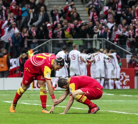  08.10.2017 WARSZAWA STADION NARODOWY <br />
PILKA NOZNA REPREZENTACJA KWALIFIKACJE DO MISTRZOSTW SWIATA ROSJA 2018<br />
Football European Qualifiers Fifa World Cup Russia 2018<br />
MECZ POLSKA - CZARNOGORA ( Poland - Montenegro )<br />
N/Z SMUTEK PORAZKA PRZEGRANA ZAWODNIKOW CZARNOGORY RADOSC BRAMKA GOL<br />
 