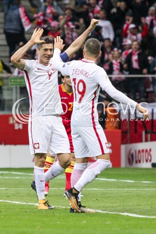  08.10.2017 WARSZAWA STADION NARODOWY <br />
PILKA NOZNA REPREZENTACJA KWALIFIKACJE DO MISTRZOSTW SWIATA ROSJA 2018<br />
Football European Qualifiers Fifa World Cup Russia 2018<br />
MECZ POLSKA - CZARNOGORA ( Poland - Montenegro )<br />
N/Z RADOSC BRAMKA GOL NA 4:2 ROBERT LEWANDOWSKI PIOTR ZIELINSKI <br />
 