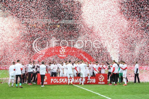  08.10.2017 WARSZAWA STADION NARODOWY <br />
PILKA NOZNA REPREZENTACJA KWALIFIKACJE DO MISTRZOSTW SWIATA ROSJA 2018<br />
Football European Qualifiers Fifa World Cup Russia 2018<br />
MECZ POLSKA - CZARNOGORA ( Poland - Montenegro )<br />
N/Z AWANS WYGRANA ZWYCIESTWO RADOSC EMOCJE ZAWODNICY SZAMPANY KONFETTI <br />
 