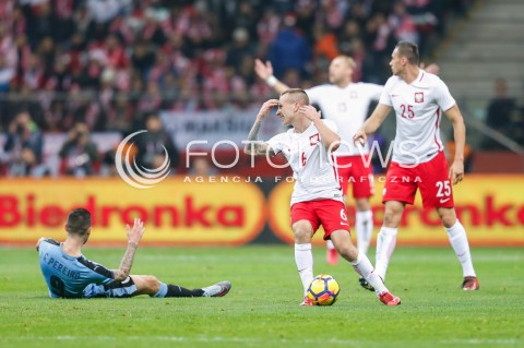  10.11.2017 WARSZAWA STADION NARODOWY <br />PILKA NOZNA REPREZENTACJA MECZ TOWARZYSKI<br />Football Friendly match <br />MECZ POLSKA - URUGWAJ ( Poland - URUGUAY ) <br />N/Z JACEK GORALSKI JAROSLAW JACH GASTON PEREIRO <br /> 