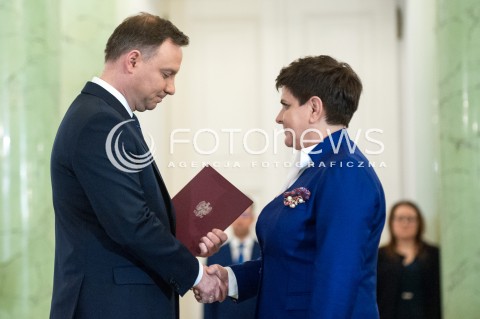  08.12.2017 WARSZAWA<br />UROCZYSTOSC PRZYJECIA DYMISJI RADY MINISTROW I NOMINACJI NA STANOWSKO PREZESA RADY MINISTROW<br />N/Z ANDRZEJ DUDA BEATA SZYDLO<br /> 