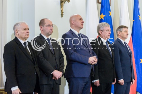  08.12.2017 WARSZAWA<br />UROCZYSTOSC PRZYJECIA DYMISJI RADY MINISTROW I NOMINACJI NA STANOWSKO PREZESA RADY MINISTROW<br />N/Z JAROSLAW KACZYNSKI ADAM BIELAN MAREK KUCHCINSKI STANISLAW KARCZEWSKI JOACHIM BRUDZINSKI<br /> 