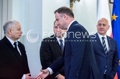  08.12.2017 WARSZAWA<br />UROCZYSTOSC PRZYJECIA DYMISJI RADY MINISTROW I NOMINACJI NA STANOWSKO PREZESA RADY MINISTROW<br />N/Z ANDRZEJ DUDA JAROSLAW KACZYNSKI<br /> 