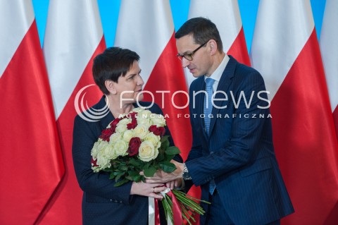  13.12.2017 WARSZAWA<br />POWITANIE PREMIERA MATEUSZA MORAWIECKIEGO W KANCELARII PREZESA RADY MINISTROW<br />N/Z BEATA SZYDLO MATEUSZ MORAWIECKI<br /> 