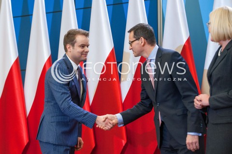  18.12.2017 WARSZAWA<br />BRIEFING PRASOWY PREZESA RADY MINISTROW W SPRAWIE ZMIAN PERSONALNYCH W RADZIE MINISTROW<br />N/Z MATEUSZ MORAWIECKI RAFAL BOCHENEK JOANNA KOPCINSKA<br /> 