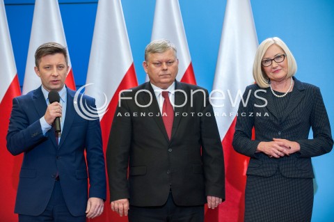  18.12.2017 WARSZAWA<br />BRIEFING PRASOWY PREZESA RADY MINISTROW W SPRAWIE ZMIAN PERSONALNYCH W RADZIE MINISTROW<br />N/Z MICHAL DWORCZYK MAREK SUSKI JOANNA KOPCINSKA<br /> 