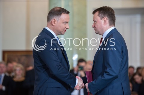  09.01.2018 WARSZAWA <br />ZAPRZYSIEZENIE NOWYCH CZLONKOW RADY MINISTROW PRZEZ PREZYDENTA RP <br />N/Z PREZYDENT RP ANDRZEJ DUDA MARIUSZ BLASZCZAK ( MINISTER OBRONY NARODOWEJ MON ) <br /> 