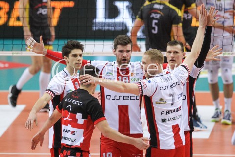  04.02.2018 RZESZOW <br />SIATKOWKA PLUSLIGA 2017/2018 MEN VOLLEYBALL POLAND POLISH PLUS LIGA LEAGUE SEASON 2017/2018 <br />MECZ ASSECO RESOVIA RZESZOW - PGE SKRA BELCHATOW <br />N/Z ALEKSANDER SLIWKA DAWID DRYJA LUKAS TICHACEK RADOSC EMOCJE <br /> 