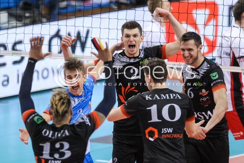  18.02.2018 RZESZOW<br />SIATKOWKA PLUSLIGA 2017/2018 MEN VOLLEYBALL POLAND POLISH PLUS LIGA LEAGUE SEASON 2017/2018<br />MECZ ASSECO RESOVIA RZESZOW - JASTRZEBSKI WEGIEL <br />N/Z MACIEJ MUZAJ JAKUB POPIWCZAK DAMIAN BORUCH RADOSC EMOCJE <br /> 